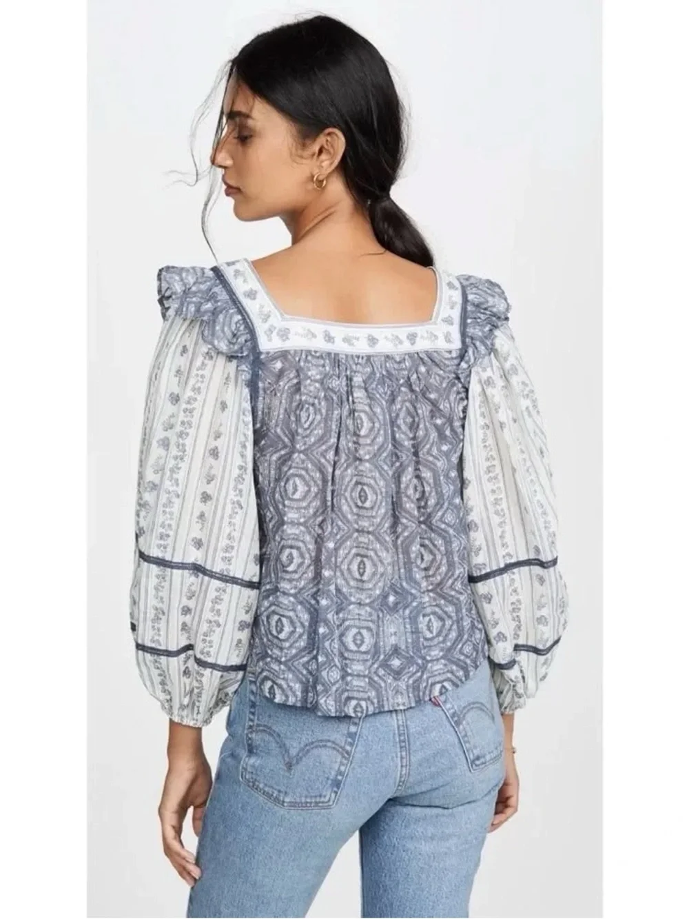 Free People Mostly Meadow Blouse Small Blue White Peasant Summer Cottagecore